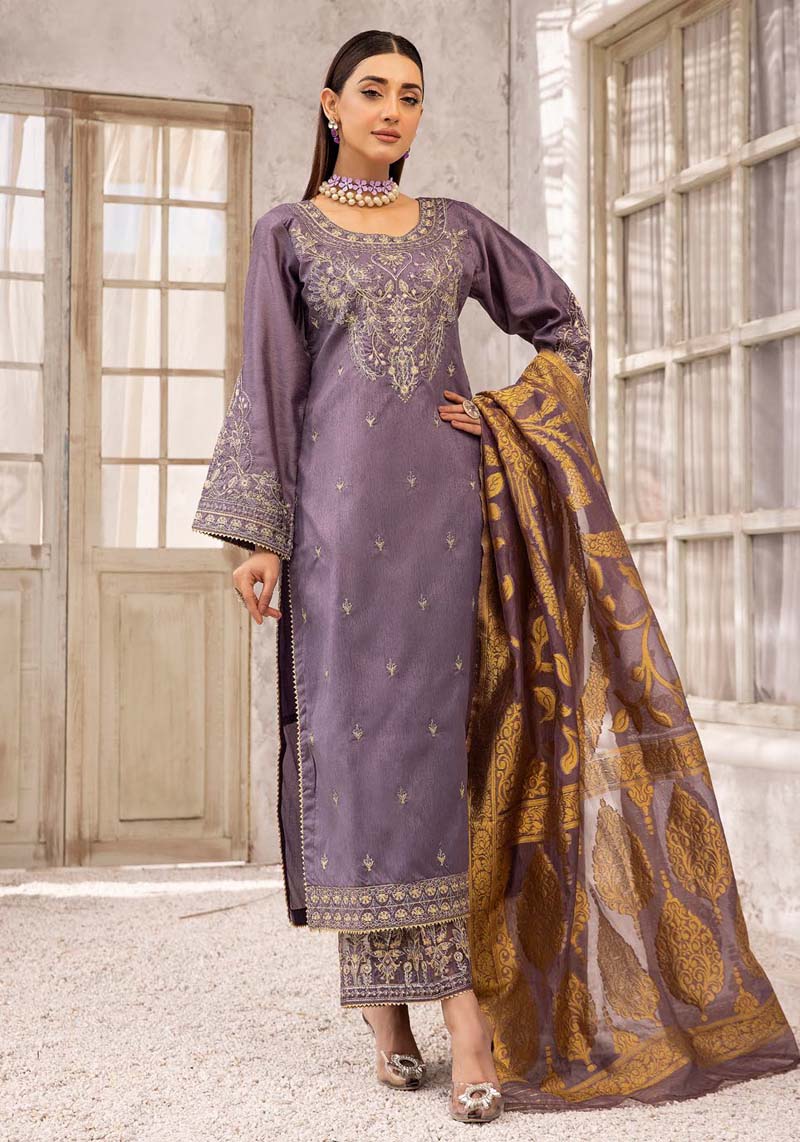 Hussain Rehar inspired Raw Silk 3 Piece Dark Lilac Eid Outfit - Desi Posh