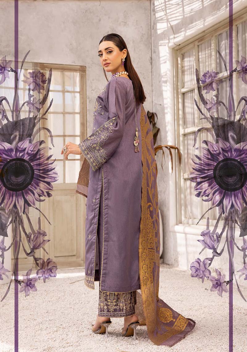 Hussain Rehar inspired Raw Silk 3 Piece Dark Lilac Eid Outfit - Desi Posh