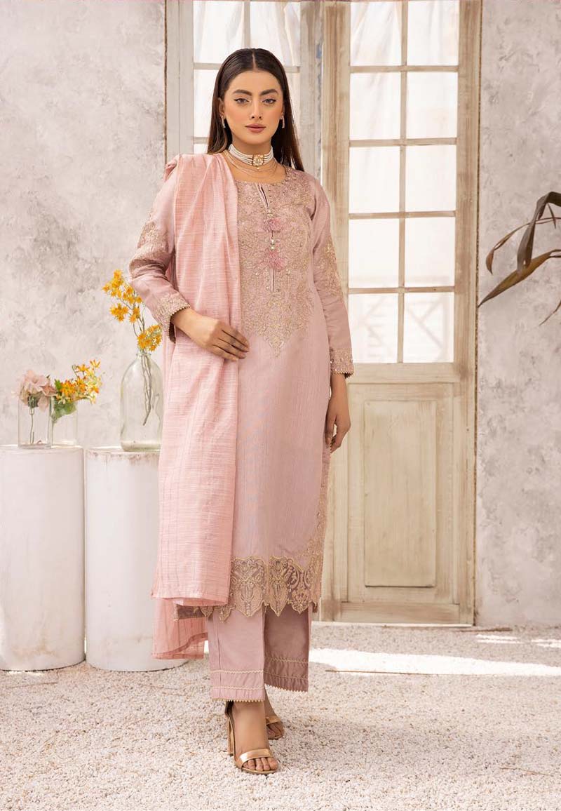 Hussain Rehar inspired Raw Silk 3 Piece Pink Eid Outfit - Desi Posh