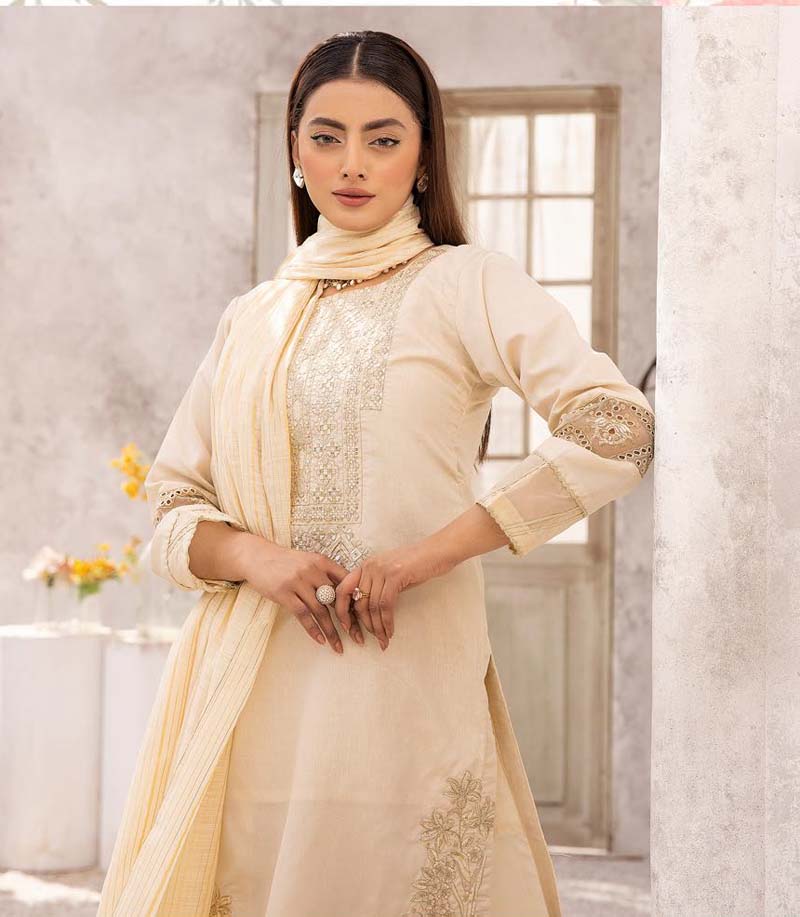 Hussain Rehar inspired Raw Silk 3 Piece Ivory Eid Outfit - Desi Posh