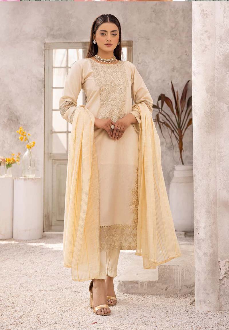 Hussain Rehar inspired Raw Silk 3 Piece Ivory Eid Outfit - Desi Posh