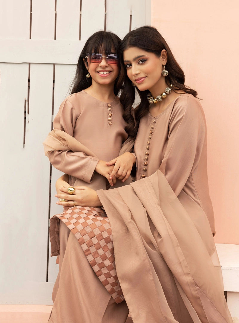 Hussain Rehar inspired Farshi Mummy & Me Girls Light Brown Party Outfit