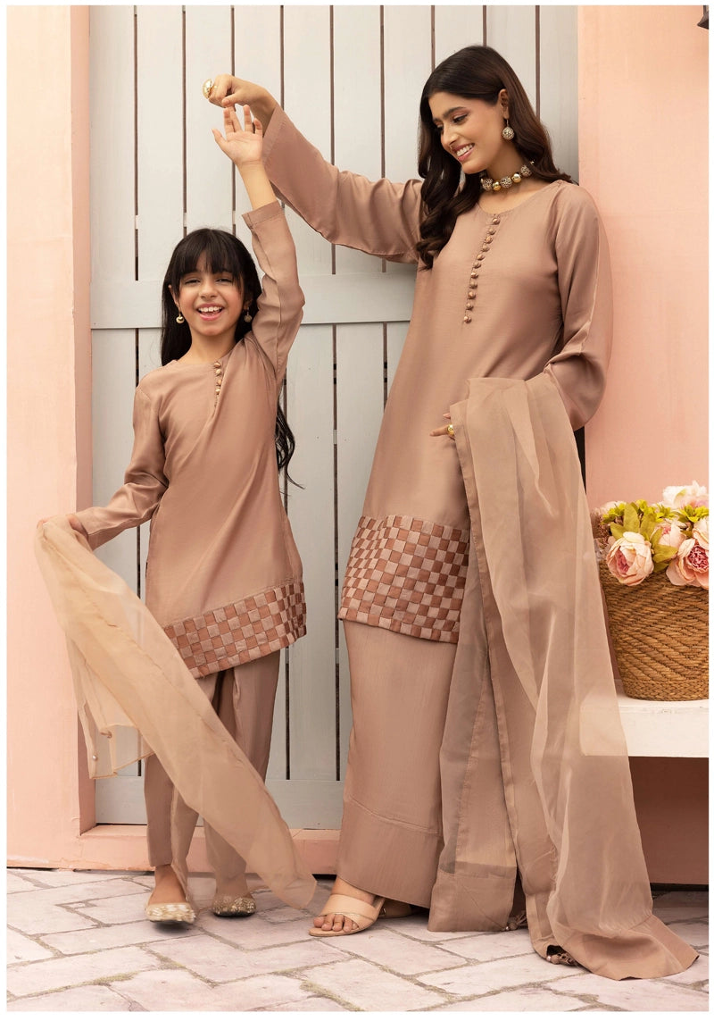 Hussain Rehar inspired Farshi Mummy & Me Girls Light Brown Party Outfit