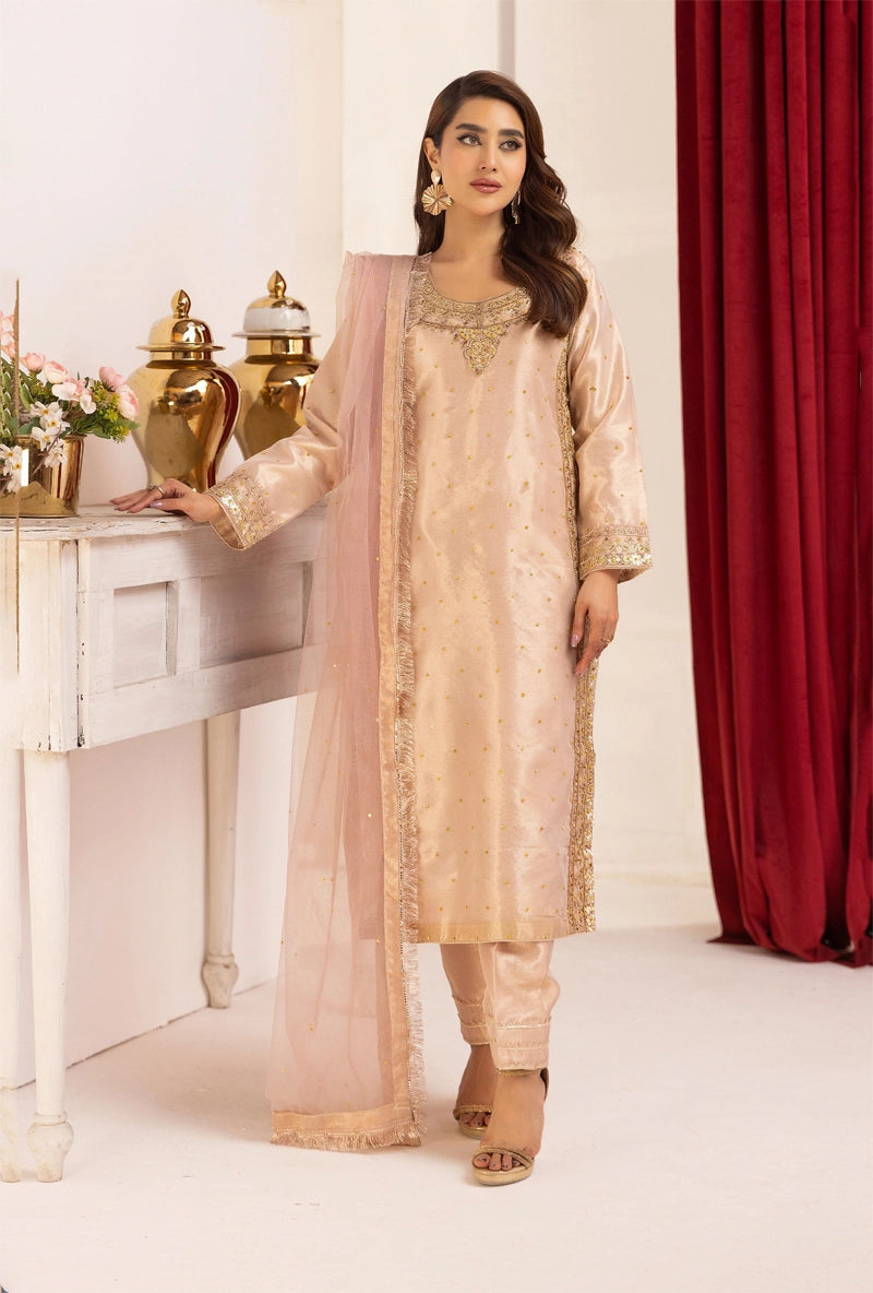 Hussain Rehar Inspired Raw Silk 3 Piece Rose Gold Outfit