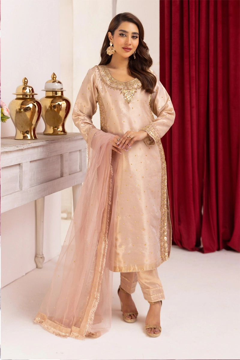 Hussain Rehar Inspired Raw Silk 3 Piece Rose Gold Outfit