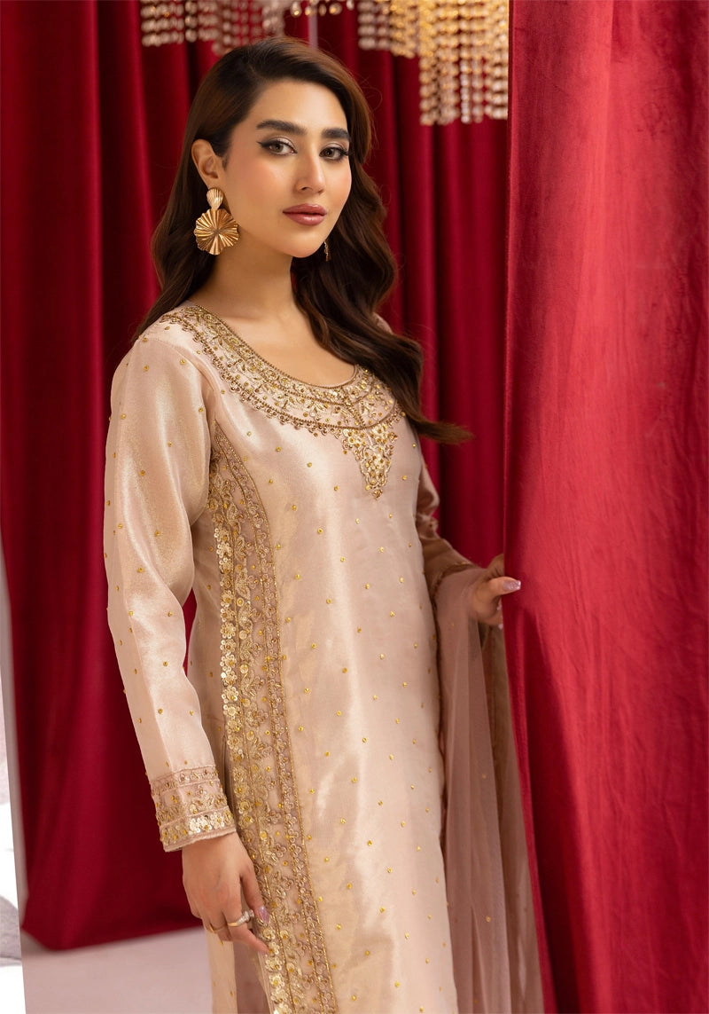 Hussain Rehar Inspired Raw Silk 3 Piece Rose Gold Outfit