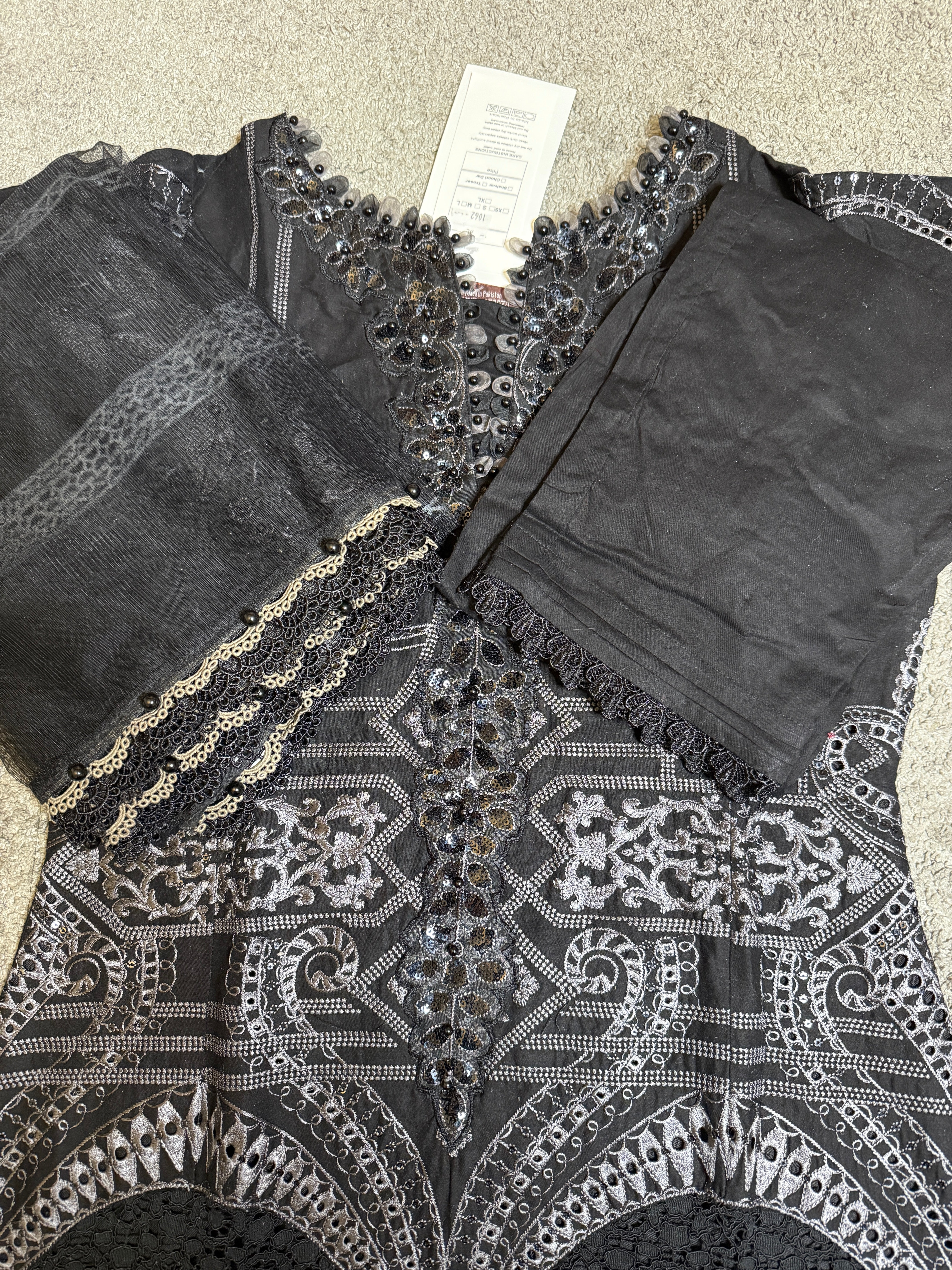 Maria B D-2512-B Inspired Chikan Embroidered 3 Piece Outfit With Net Dupatta - Desi Posh