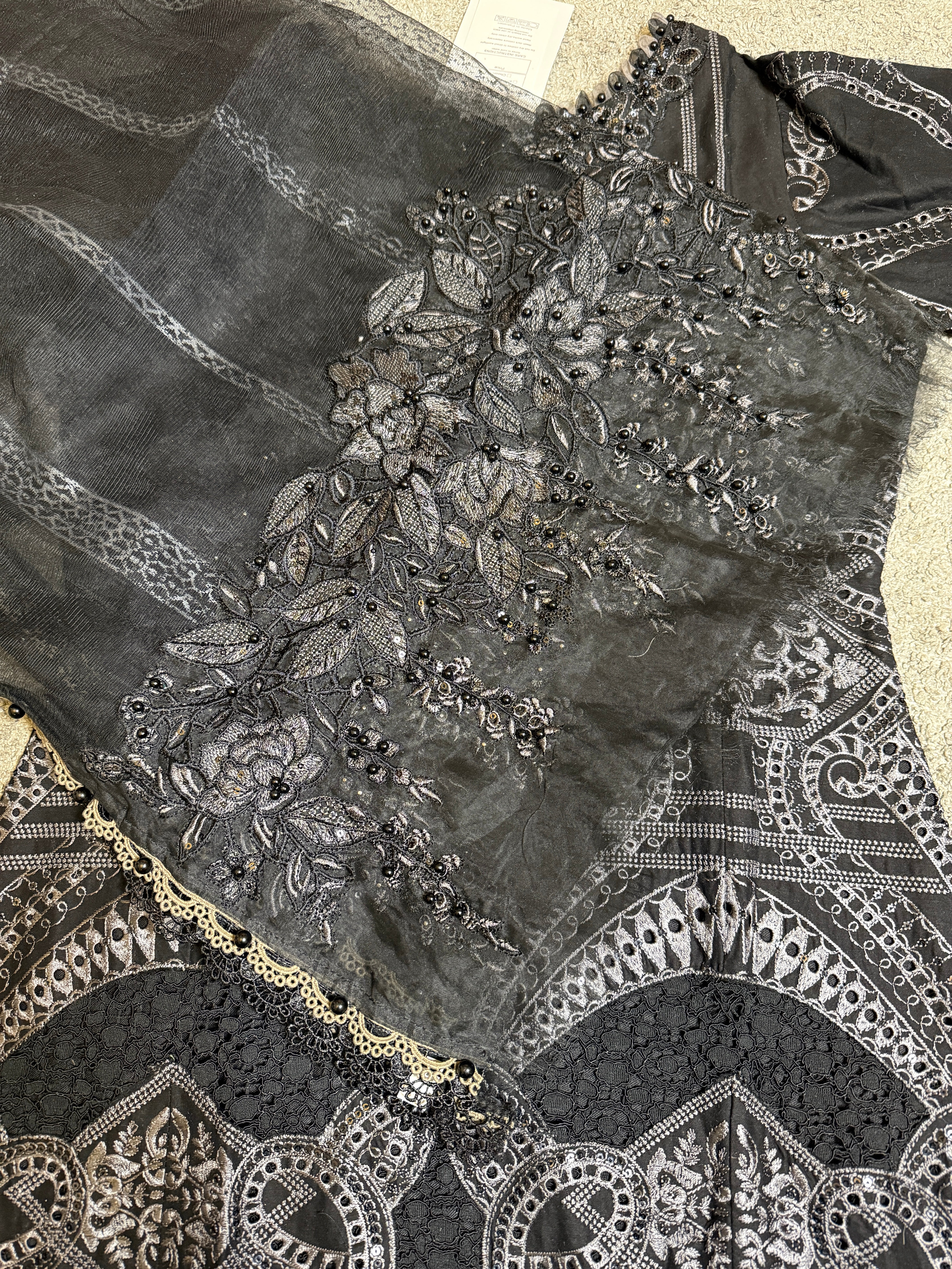 Maria B D-2512-B Inspired Chikan Embroidered 3 Piece Outfit With Net Dupatta - Desi Posh