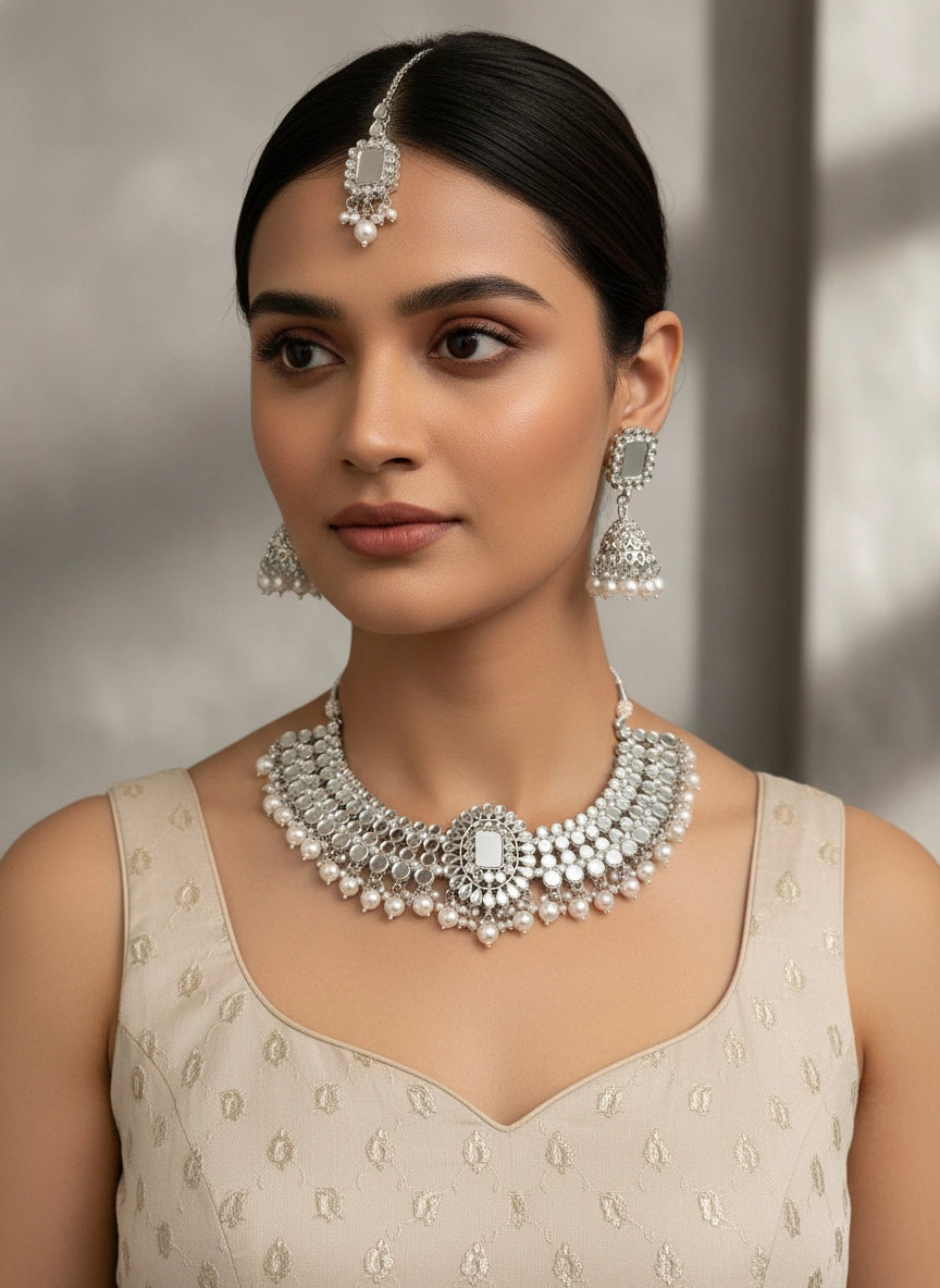 Mirror Haar Indian Necklace set with Tikka and Earrings Silver 806