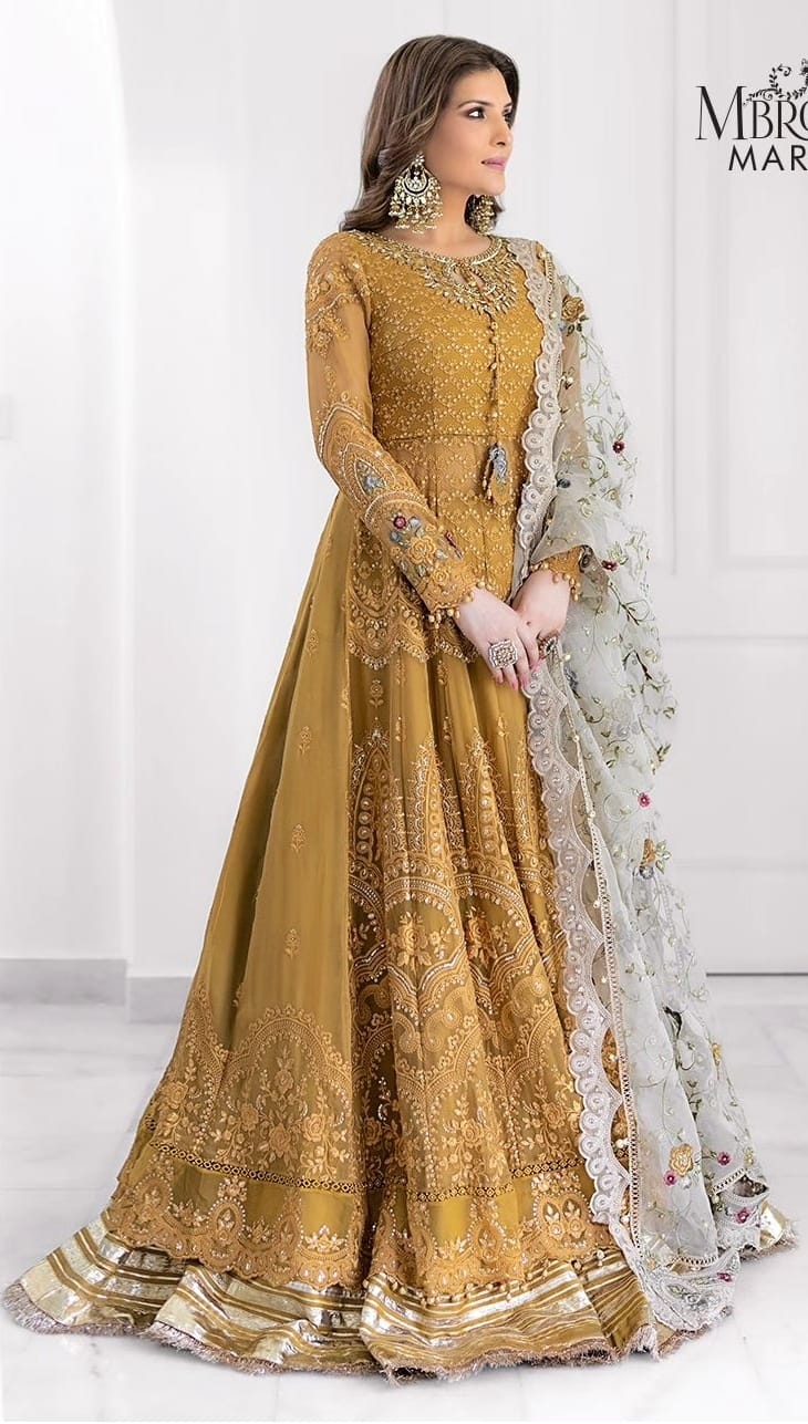 Maria B Inspired Mbroidered Mustard Chiffon 3 Piece Wedding Outfit - Desi Posh