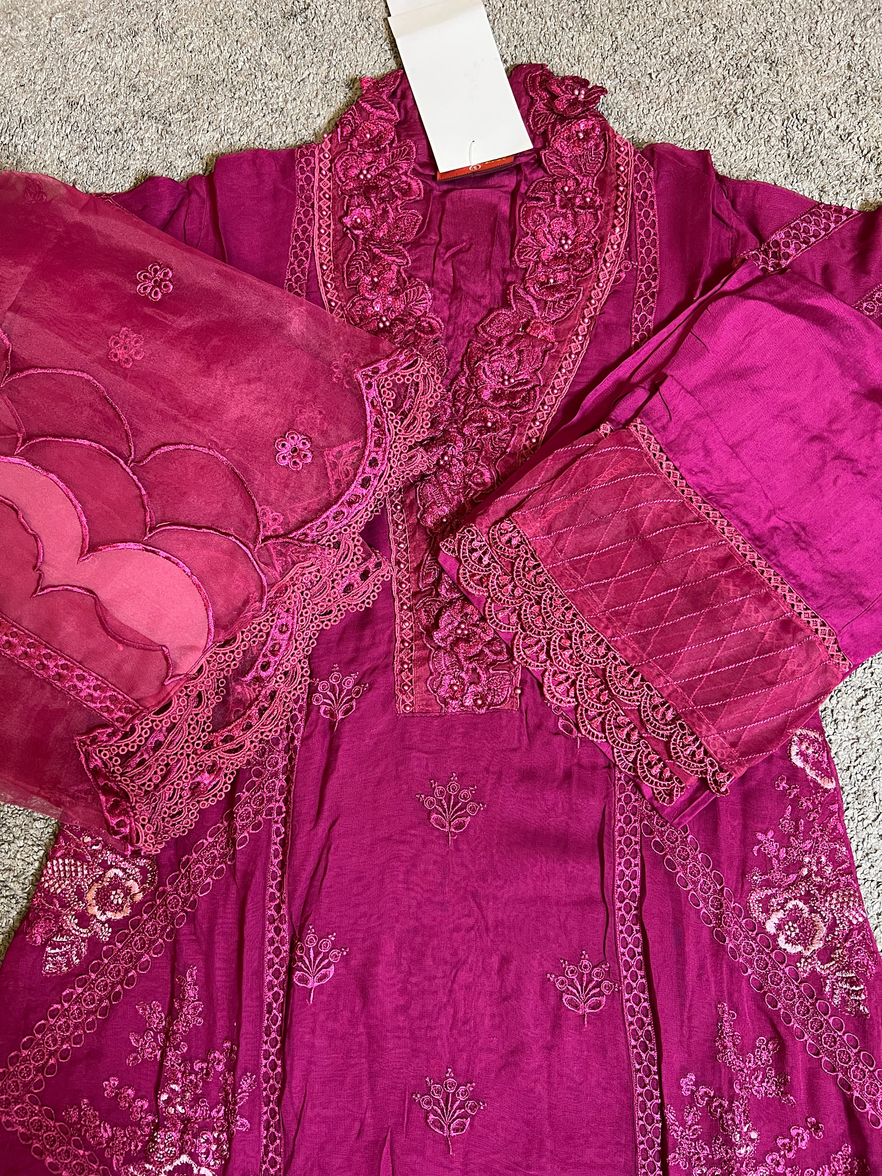 Maria B Inspired Mbroidered Magenta 3 Piece Wedding Outfit - Desi Posh