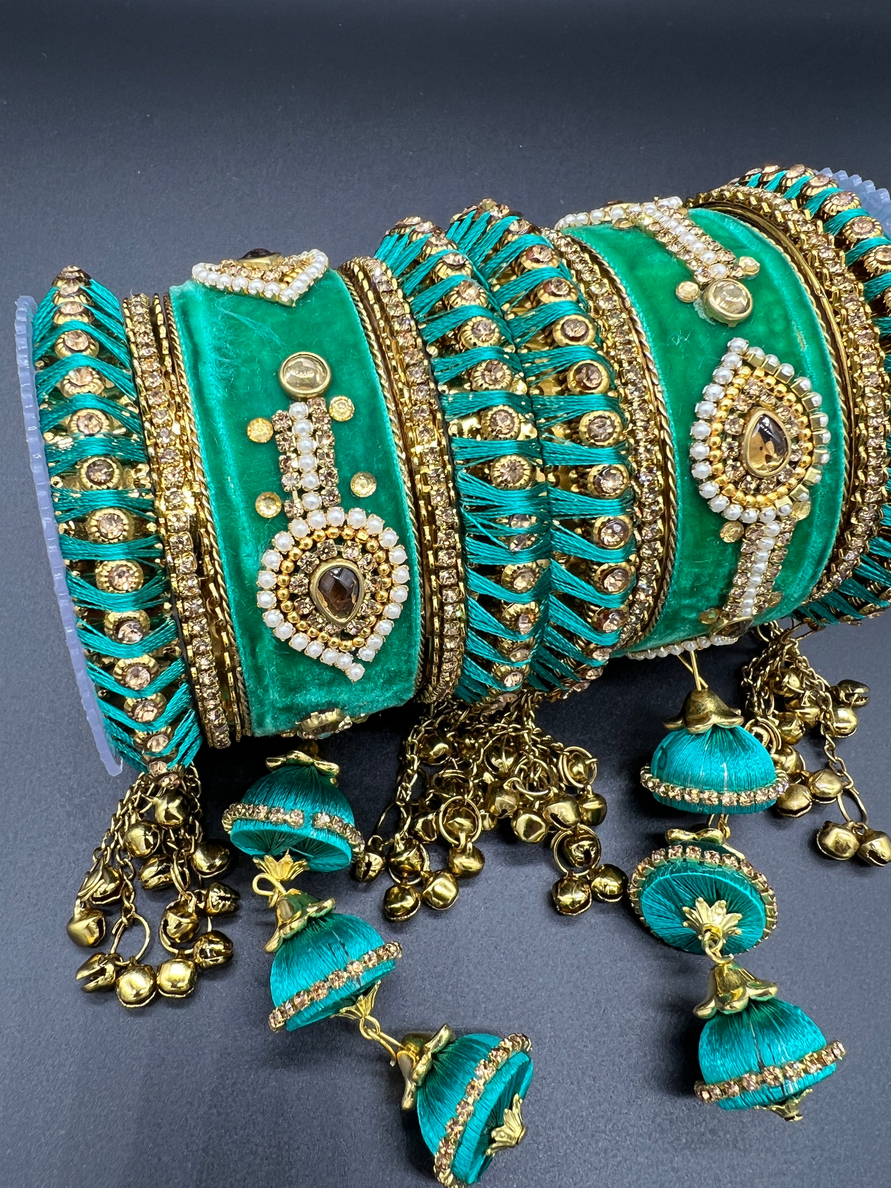 Teal Green Thread and Gold Stone Work Bangles - Desi Posh