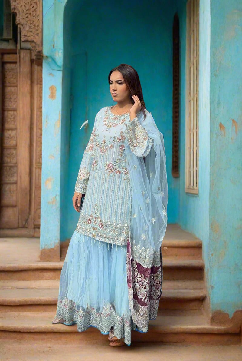 Imrozia Premium Ice Blue Embroidered 3 Piece Wedding Gharara Outfit - Desi Posh