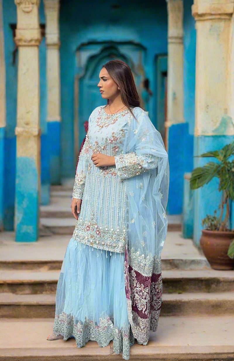 Imrozia Premium Ice Blue Embroidered 3 Piece Wedding Gharara Outfit - Desi Posh