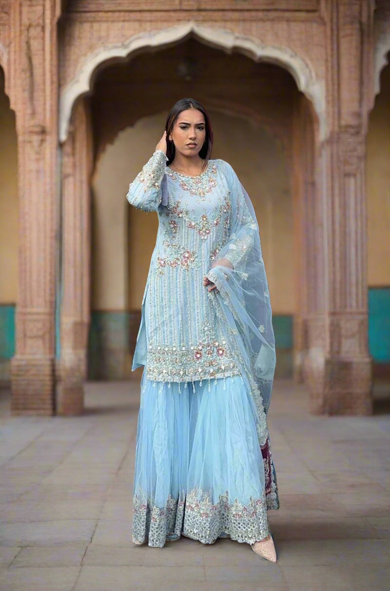 Imrozia Premium Ice Blue Embroidered 3 Piece Wedding Gharara Outfit - Desi Posh