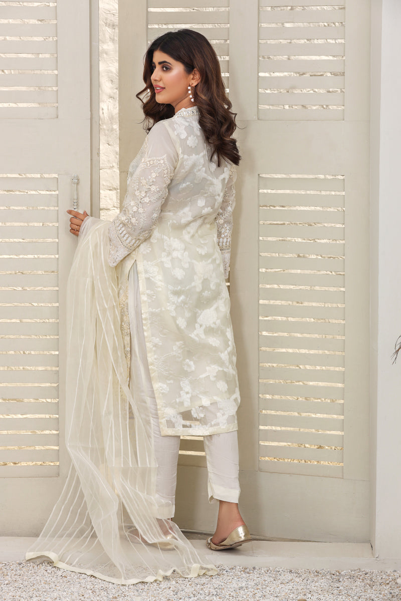 F-Brosia Ladies Cream Ladies Outfit With Organza Dupatta - Desi Posh