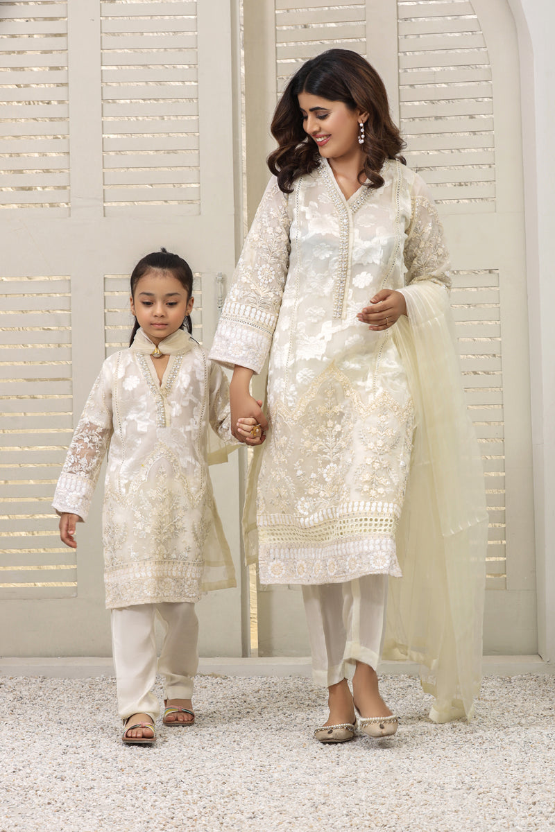 F-Brosia Ladies Cream Ladies Outfit With Organza Dupatta - Desi Posh