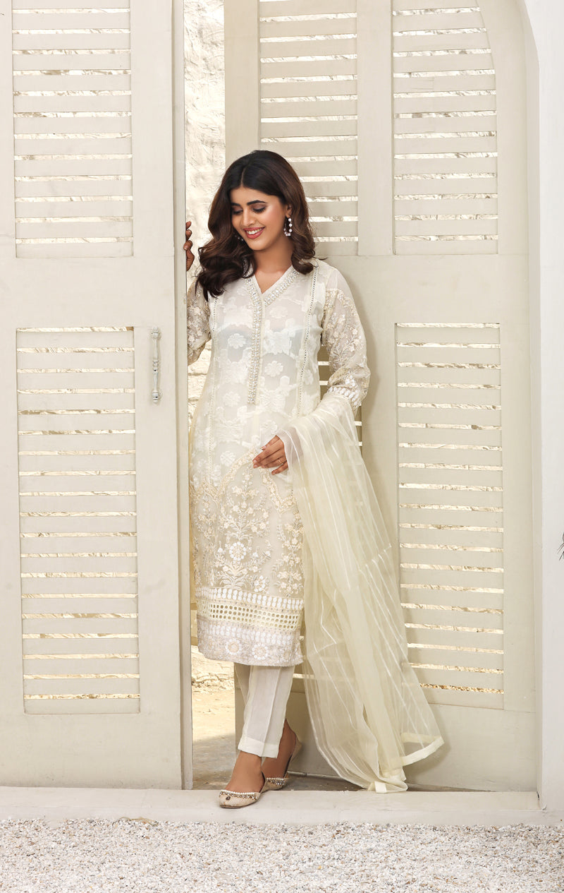 F-Brosia Ladies Cream Ladies Outfit With Organza Dupatta - Desi Posh