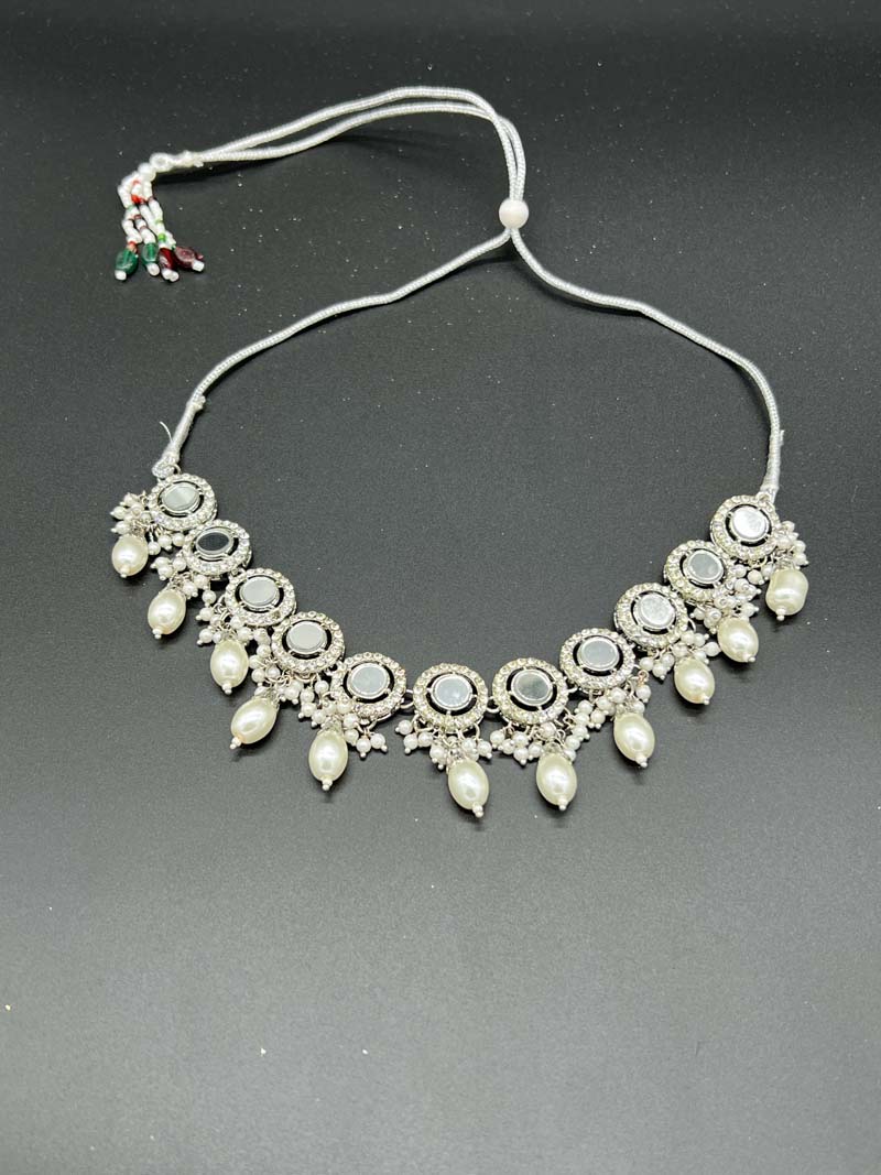 Mirror Haar Indian Necklace set with Tikka and Earrings Silver 1004 - Desi Posh