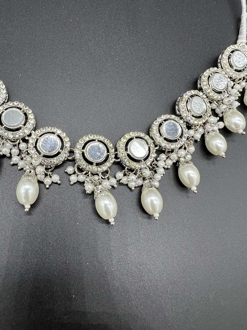 Mirror Haar Indian Necklace set with Tikka and Earrings Silver 1004 - Desi Posh