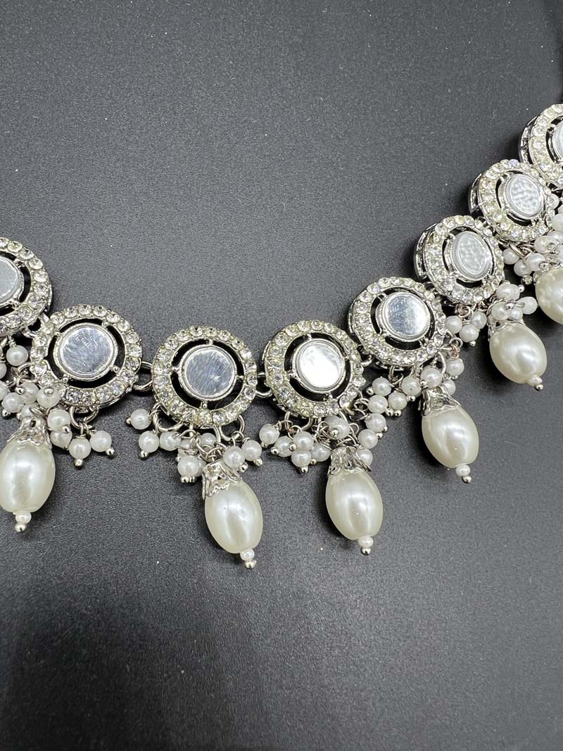 Mirror Haar Indian Necklace set with Tikka and Earrings Silver 1004 - Desi Posh