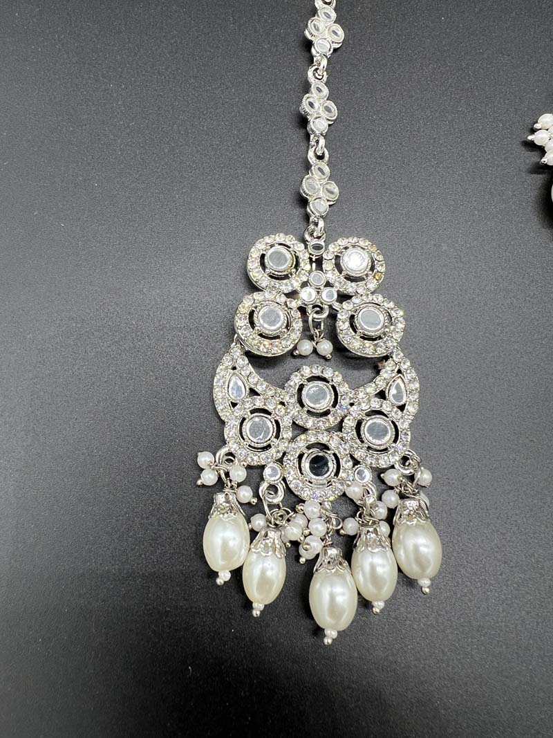 Mirror Haar Indian Necklace set with Tikka and Earrings Silver 1004 - Desi Posh