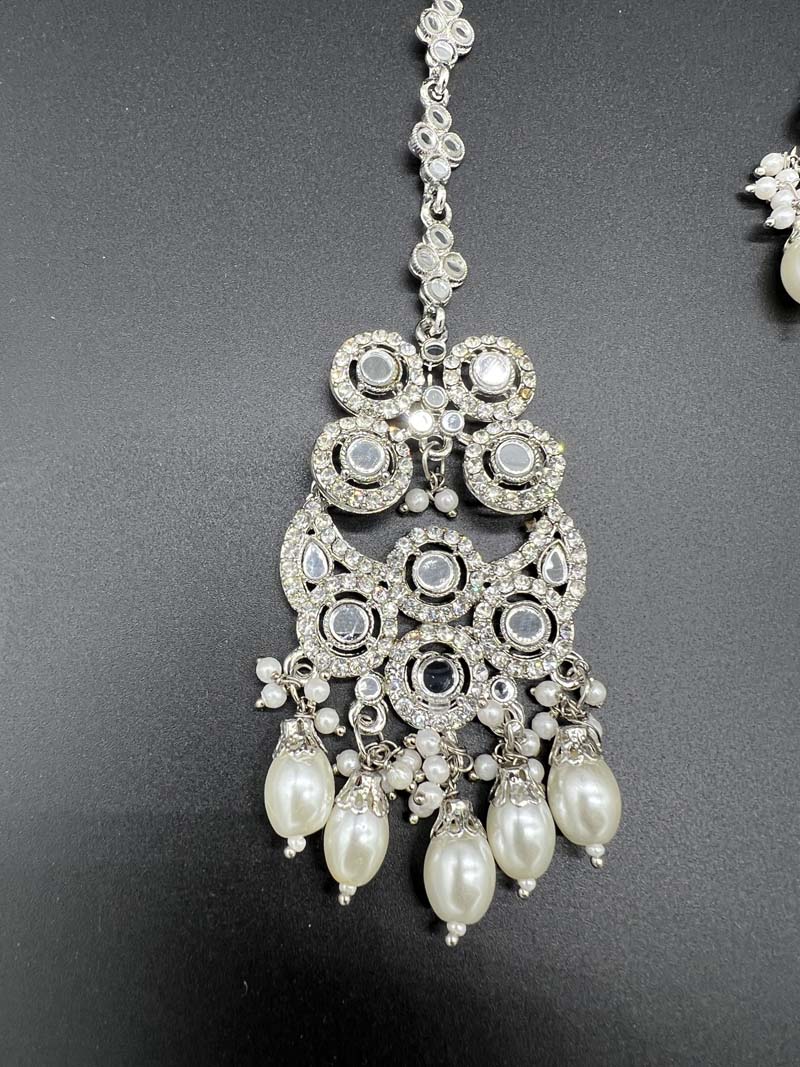 Mirror Haar Indian Necklace set with Tikka and Earrings Silver 1004 - Desi Posh