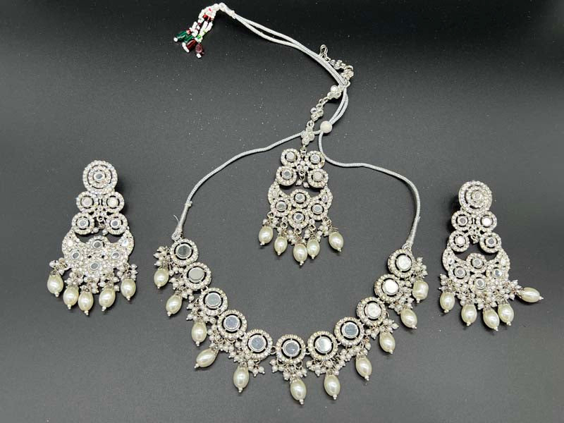Mirror Haar Indian Necklace set with Tikka and Earrings Silver 1004 - Desi Posh