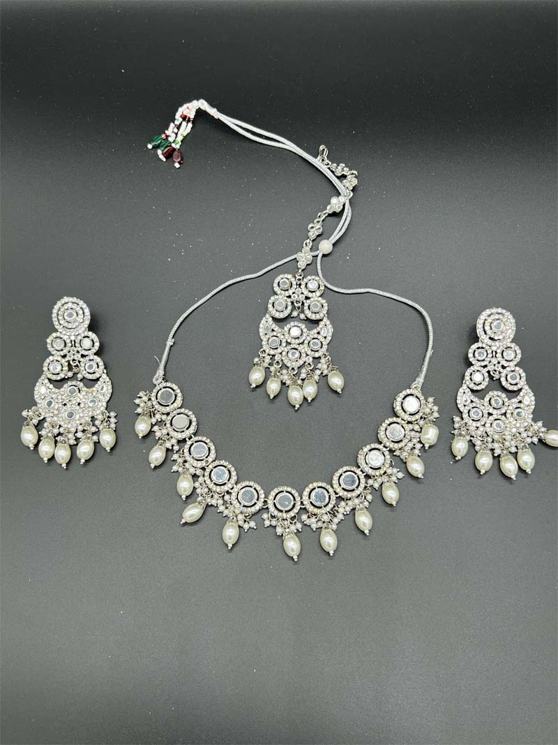 Mirror Haar Indian Necklace set with Tikka and Earrings Silver 1004 - Desi Posh