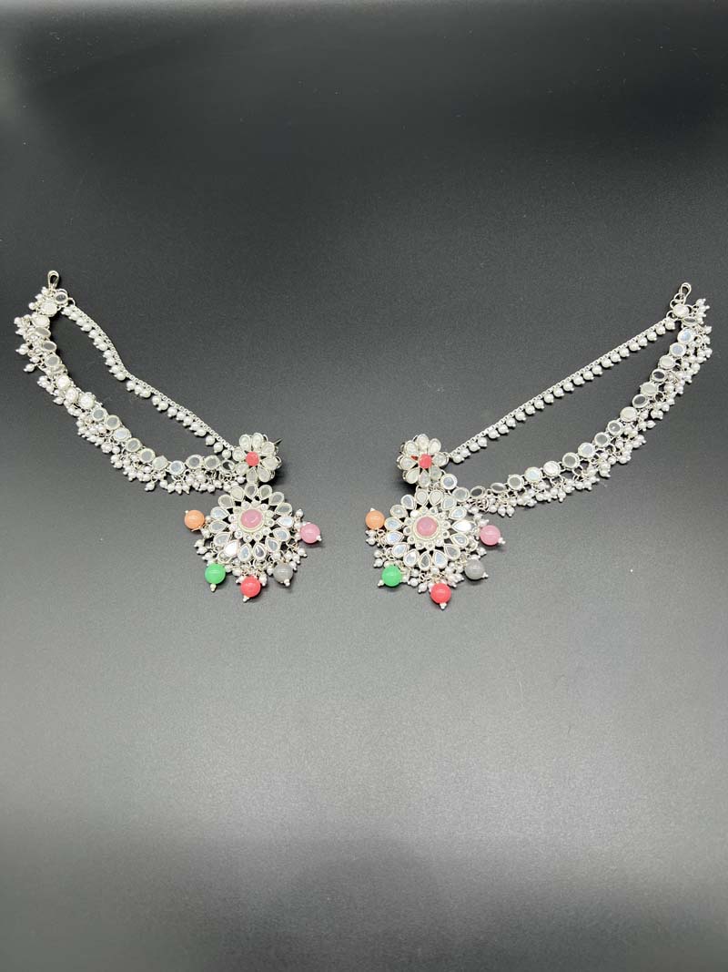 Mirror Haar Necklace 5 Piece set with Tikka, Chumbar and Earrings Multi 838 - Desi Posh