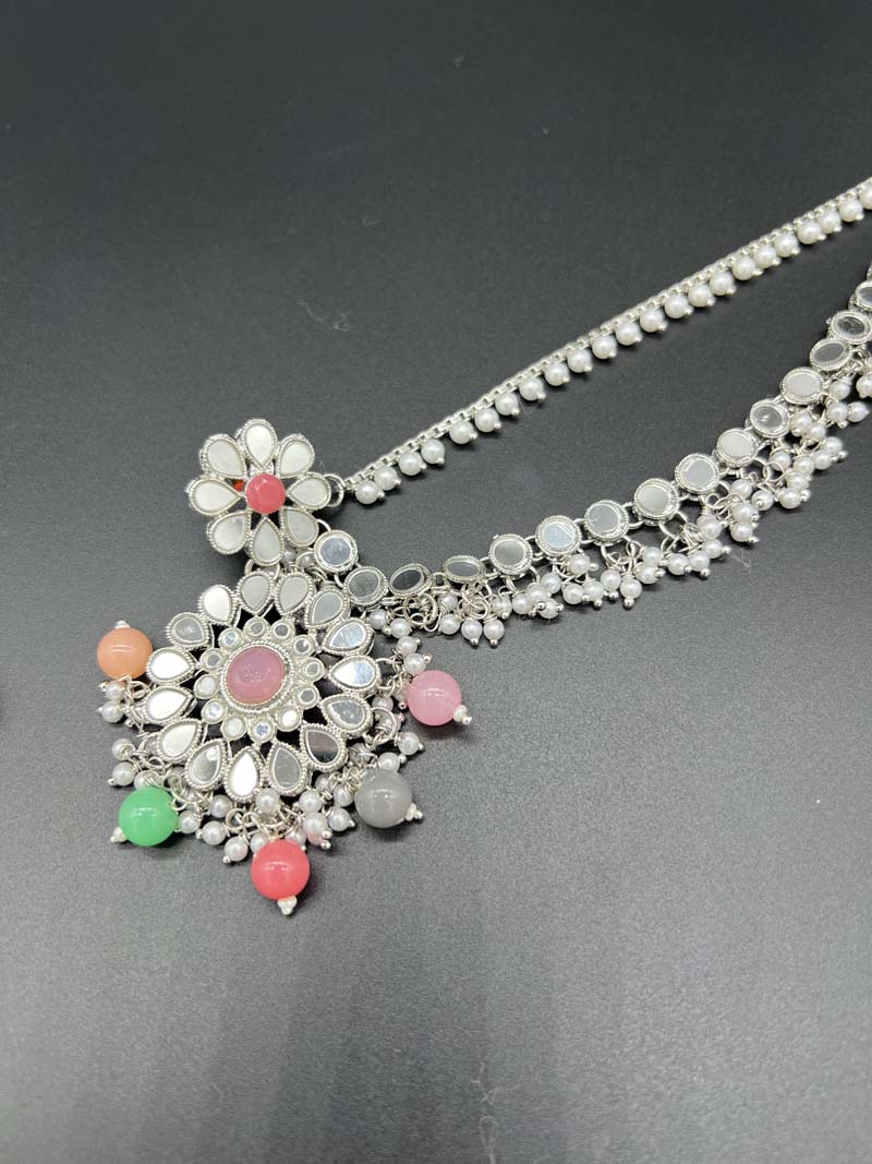 Mirror Haar Necklace 5 Piece set with Tikka, Chumbar and Earrings Multi 838 - Desi Posh