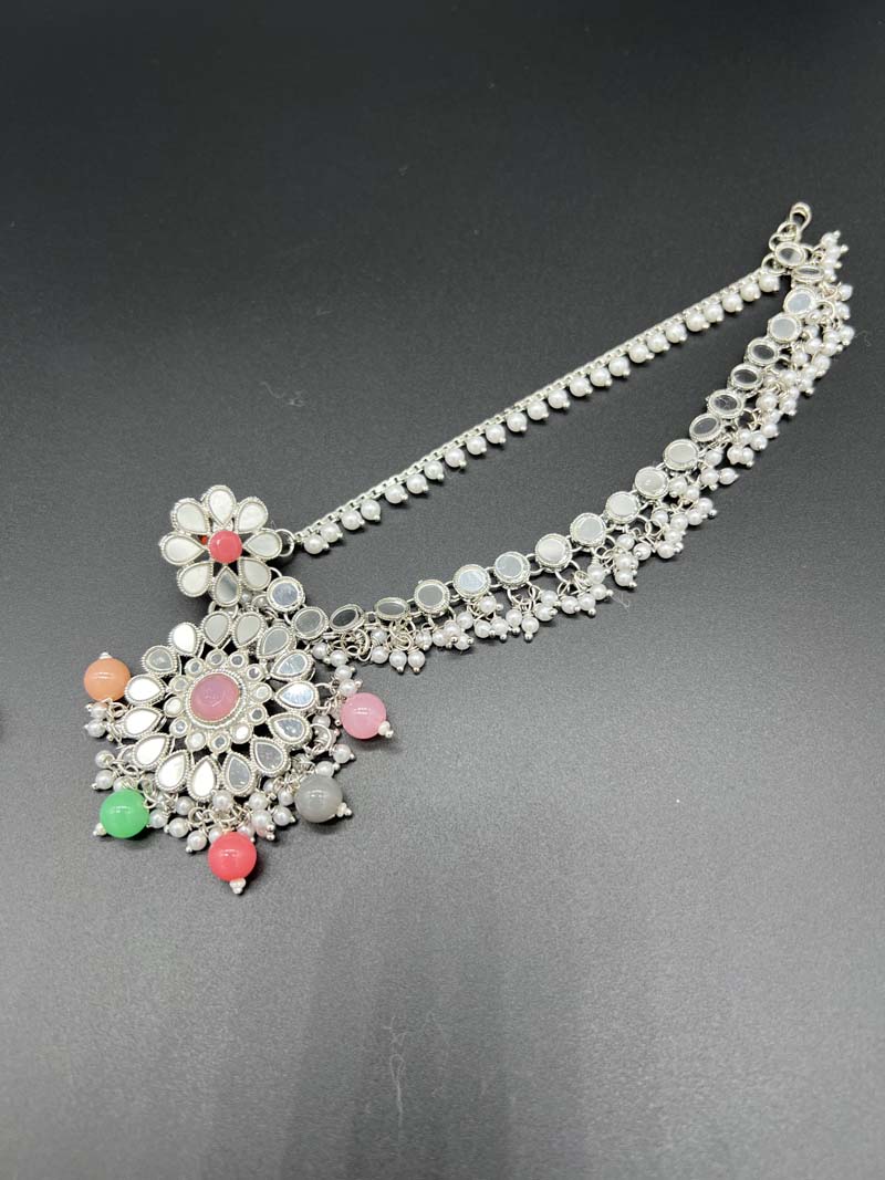 Mirror Haar Necklace 5 Piece set with Tikka, Chumbar and Earrings Multi 838 - Desi Posh