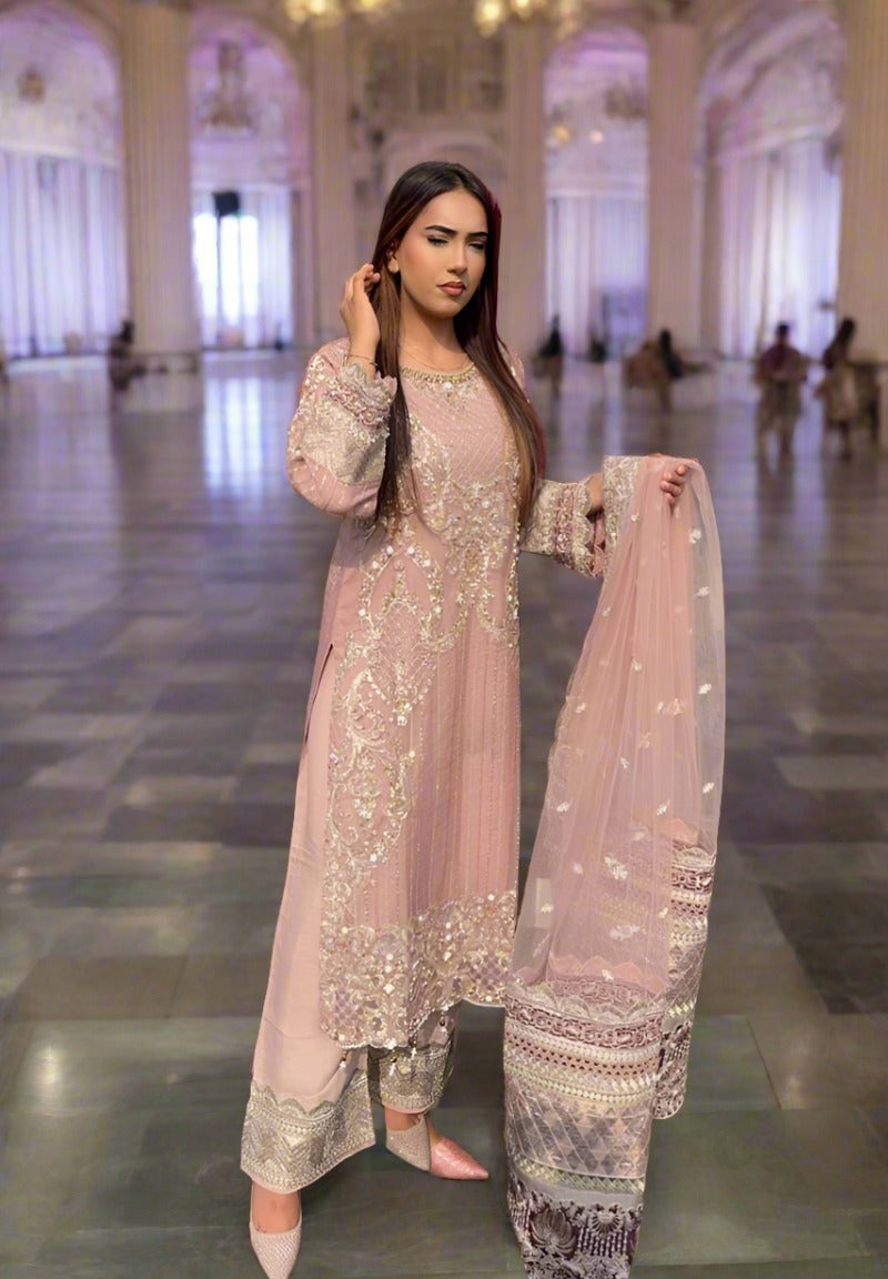 Imrozia Premium Inspired Embroidered 3 Piece Pink Wedding Outfit - Desi Posh