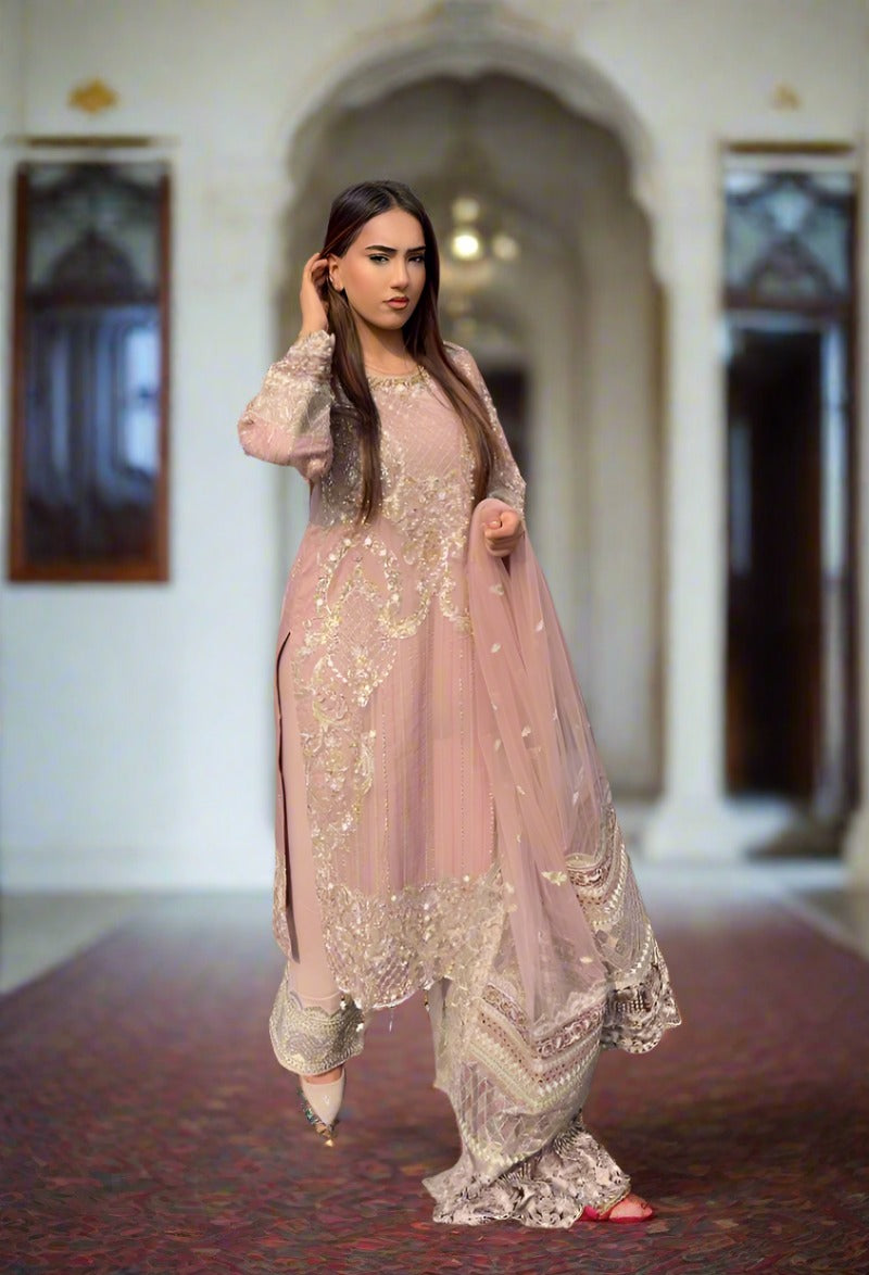 Imrozia Premium Inspired Embroidered 3 Piece Pink Wedding Outfit - Desi Posh