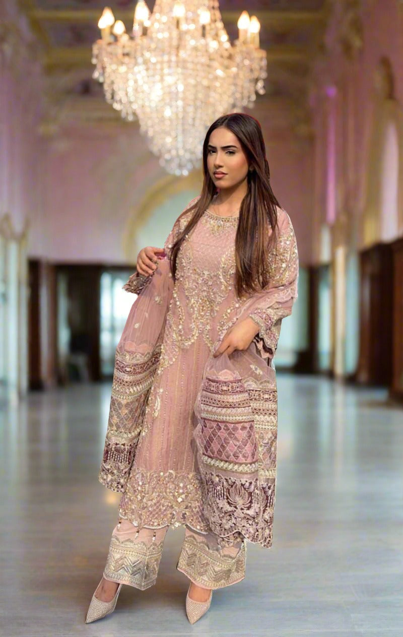 Imrozia Premium Inspired Embroidered 3 Piece Pink Wedding Outfit - Desi Posh