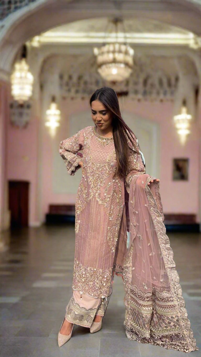 Imrozia Premium Inspired Embroidered 3 Piece Pink Wedding Outfit - Desi Posh