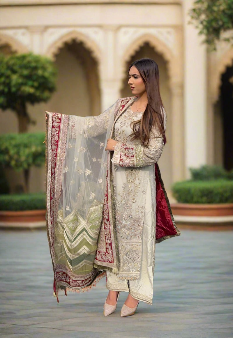 Imrozia Premium Inspired Embroidered 3 Piece Mint Green Wedding Outfit - Desi Posh