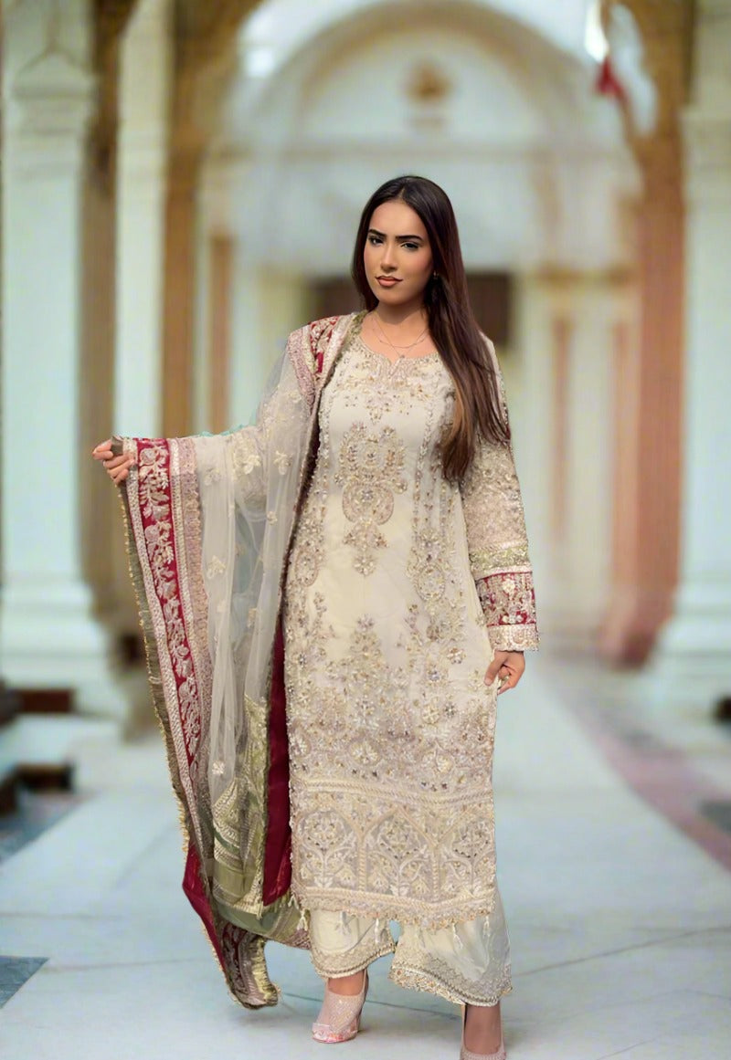 Imrozia Premium Inspired Embroidered 3 Piece Mint Green Wedding Outfit - Desi Posh
