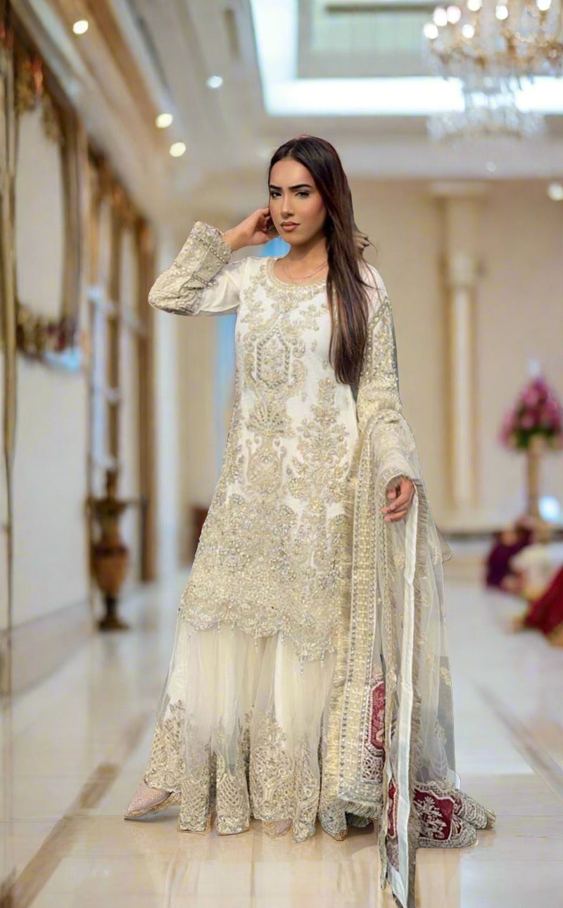 Imrozia Premium Inspired Embroidered 3 Piece Wedding Cream Gharara Outfit