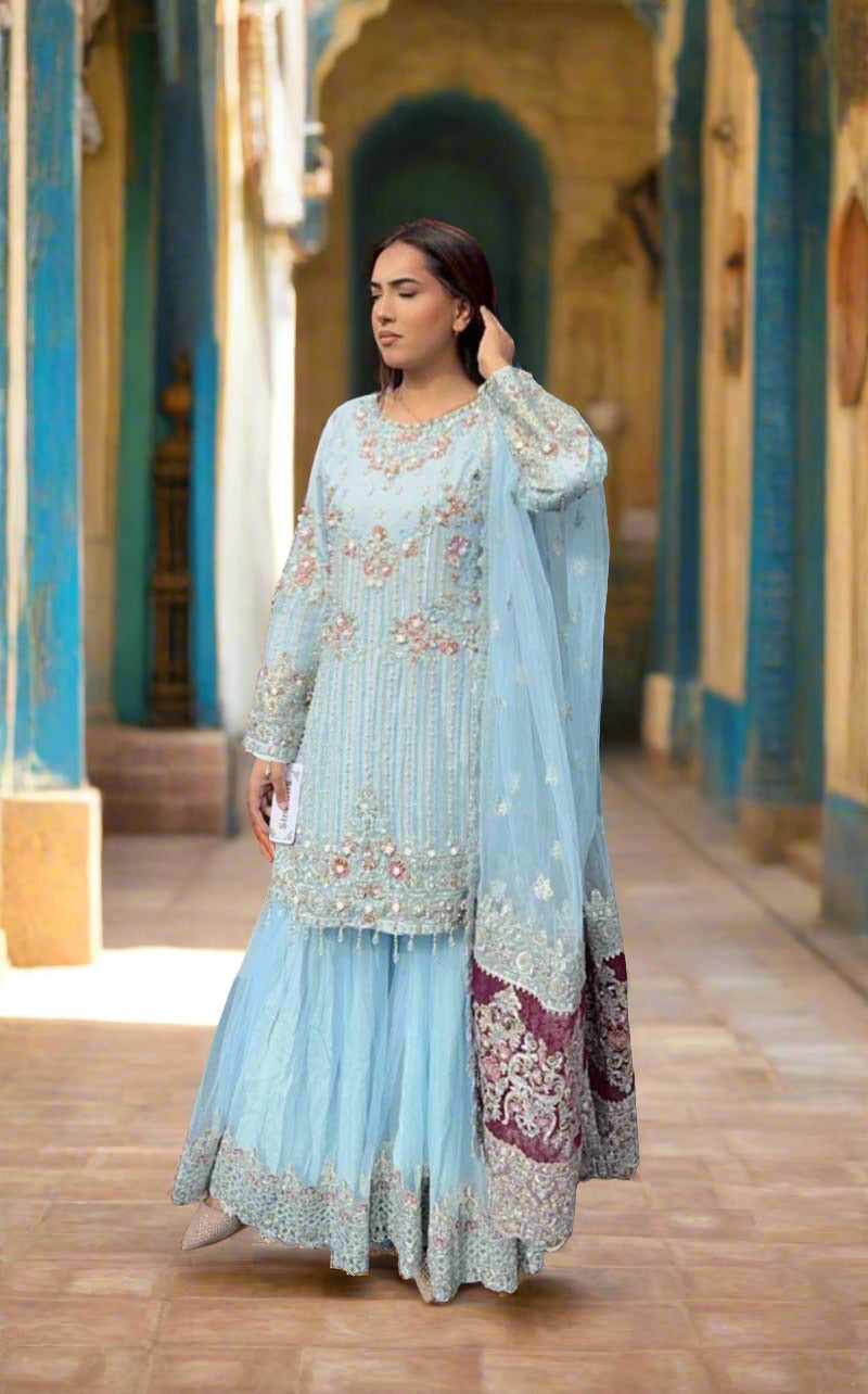 Imrozia Premium Ice Blue Embroidered 3 Piece Wedding Gharara Outfit - Desi Posh