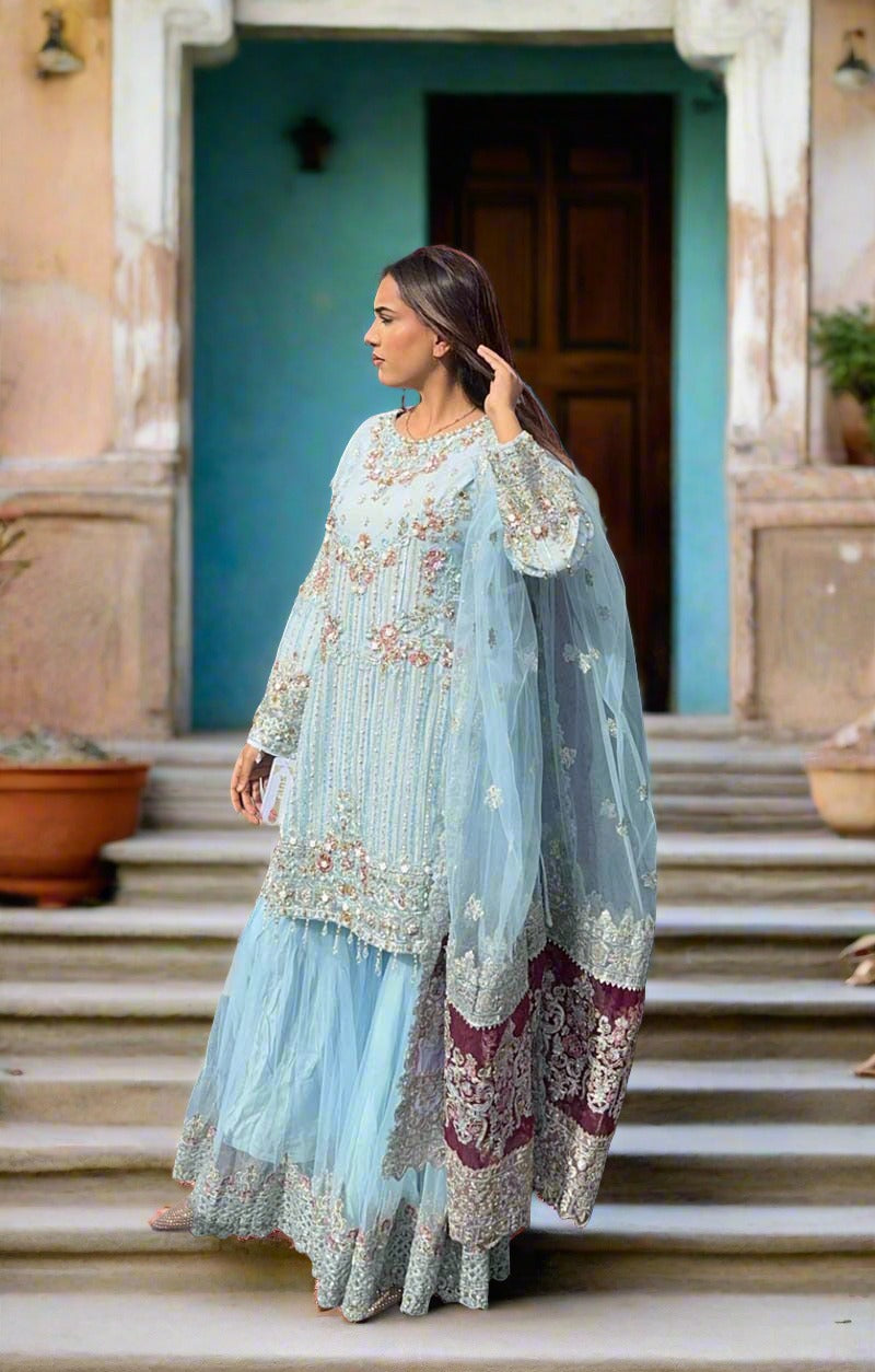 Imrozia Premium Ice Blue Embroidered 3 Piece Wedding Gharara Outfit - Desi Posh