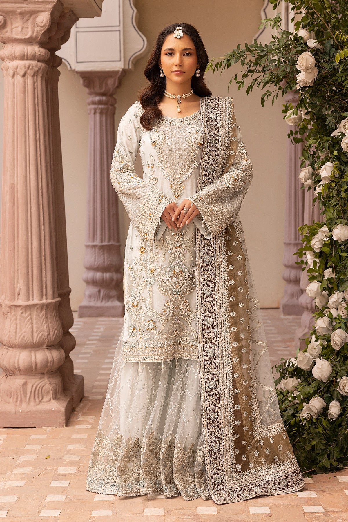 Imrozia Premium Inspired Embroidered Cream 3 Piece Wedding Gharara Outfit - Desi Posh
