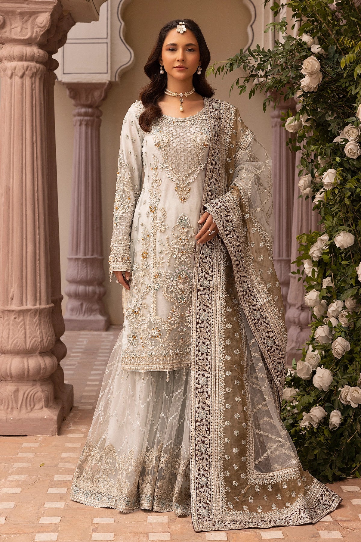 Imrozia Premium Inspired Embroidered Cream 3 Piece Wedding Gharara Outfit - Desi Posh