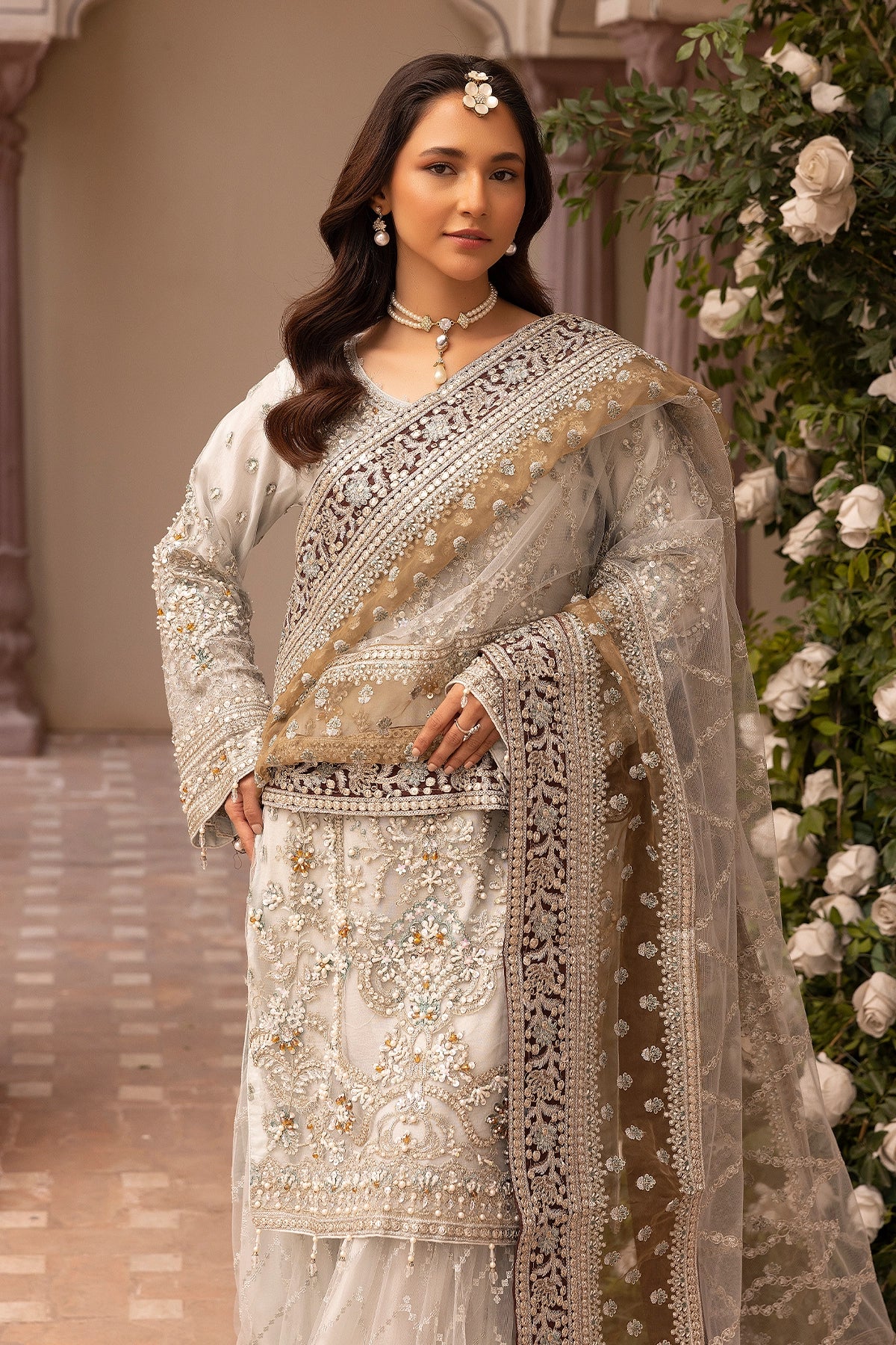 Imrozia Premium Inspired Embroidered Cream 3 Piece Wedding Gharara Outfit - Desi Posh
