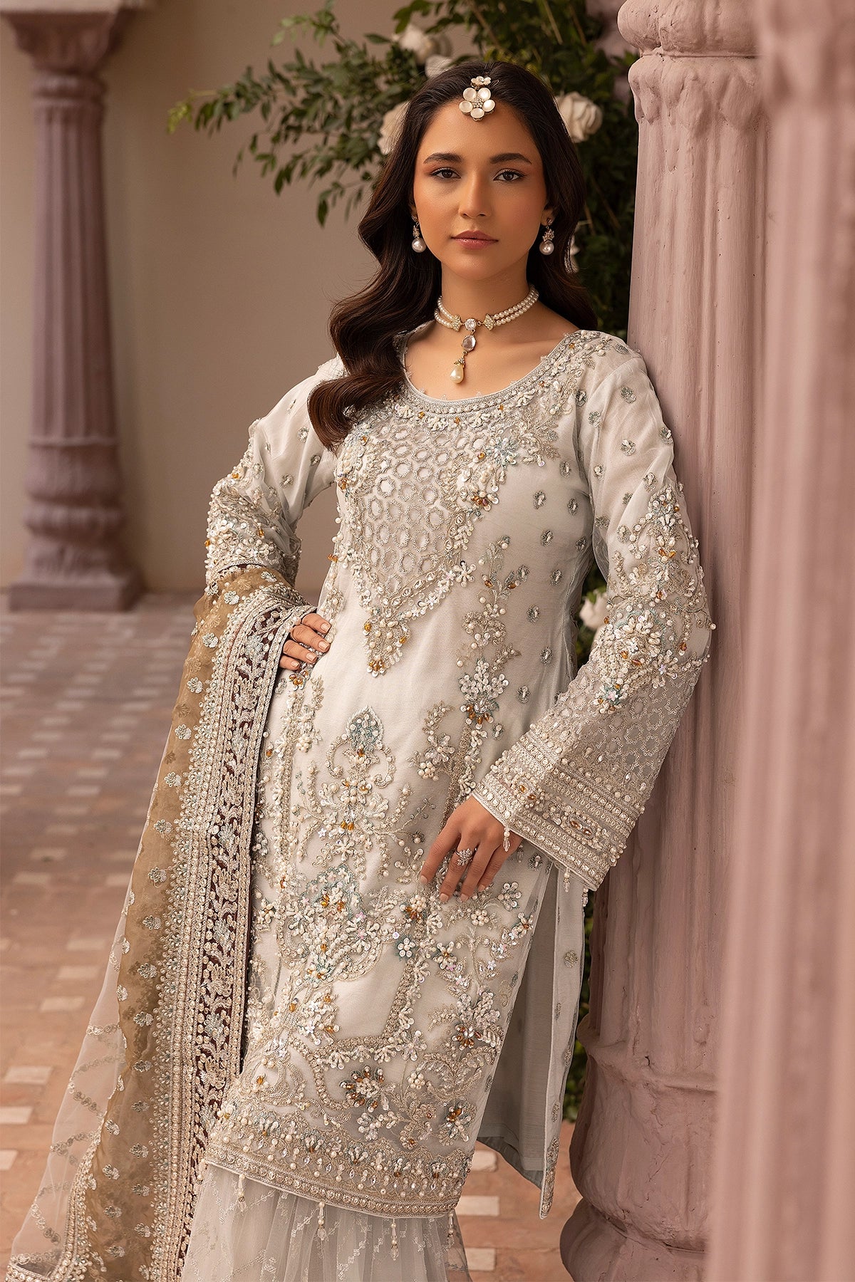 Imrozia Premium Inspired Embroidered Cream 3 Piece Wedding Gharara Outfit - Desi Posh