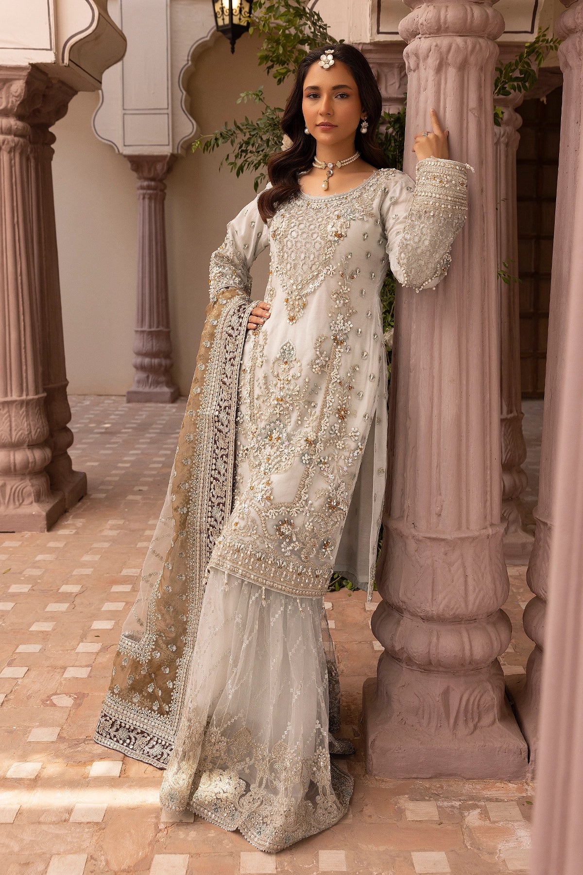 Imrozia Premium Inspired Embroidered Cream 3 Piece Wedding Gharara Outfit - Desi Posh