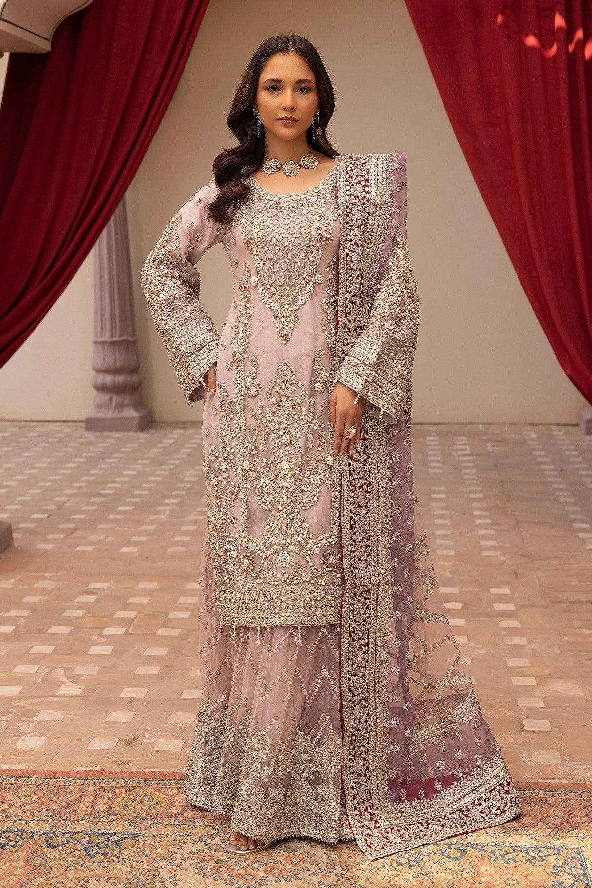 Imrozia Premium Inspired Embroidered Lilac 3 Piece Wedding Gharara Outfit - Desi Posh