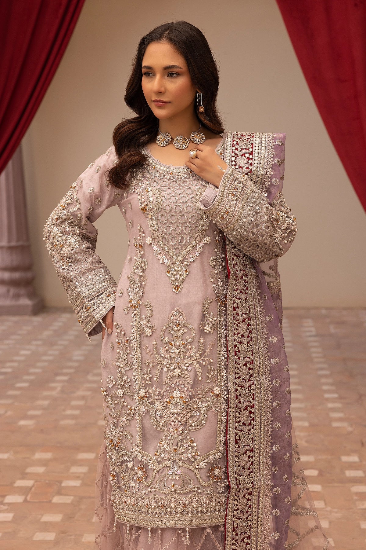 Imrozia Premium Inspired Embroidered Lilac 3 Piece Wedding Gharara Outfit - Desi Posh