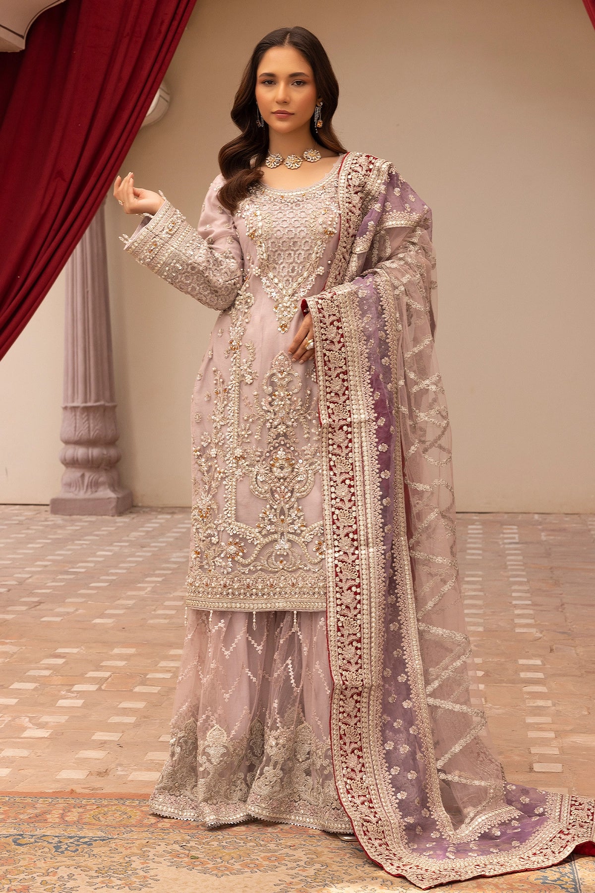 Imrozia Premium Inspired Embroidered Lilac 3 Piece Wedding Gharara Outfit - Desi Posh