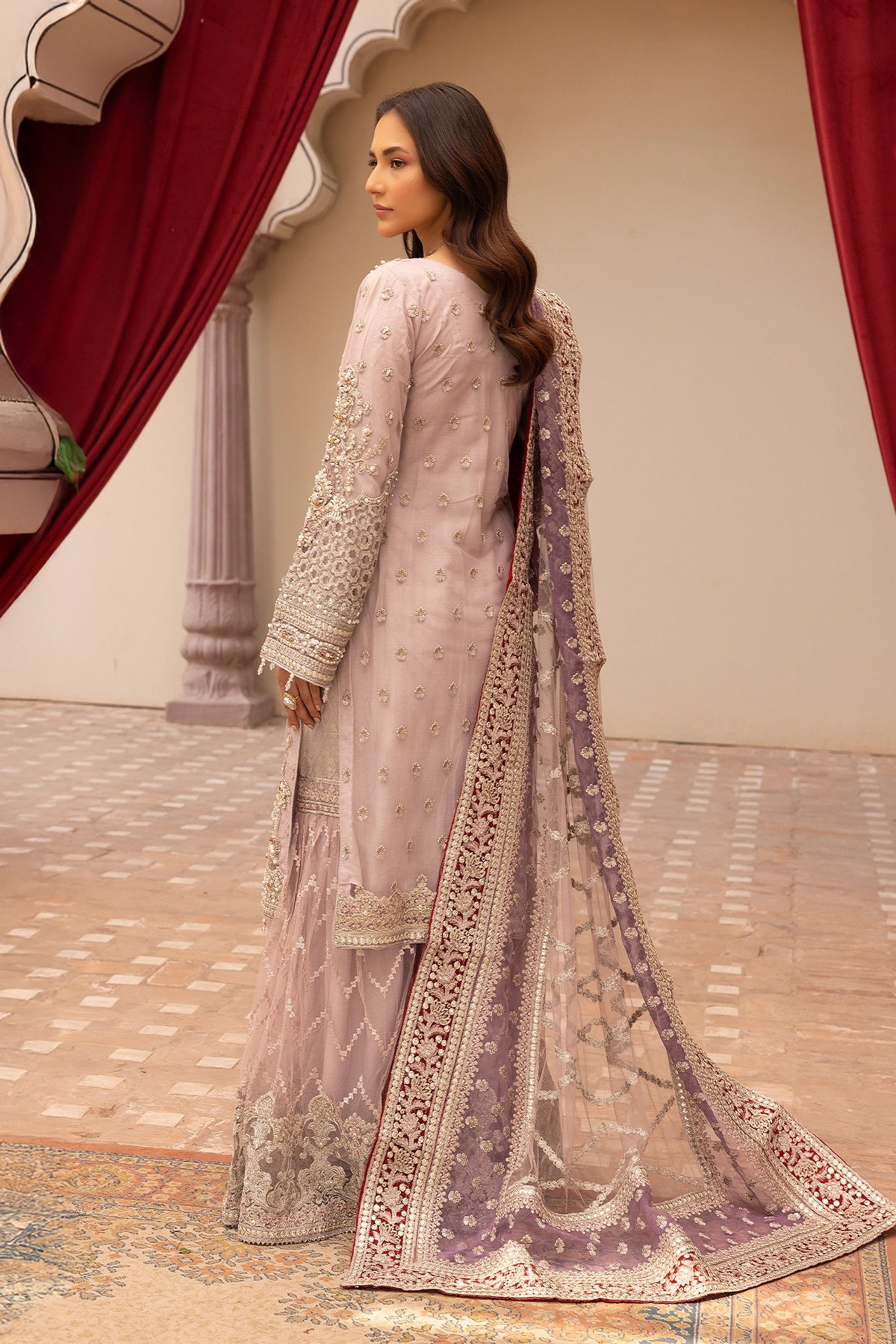 Imrozia Premium Inspired Embroidered Lilac 3 Piece Wedding Gharara Outfit - Desi Posh